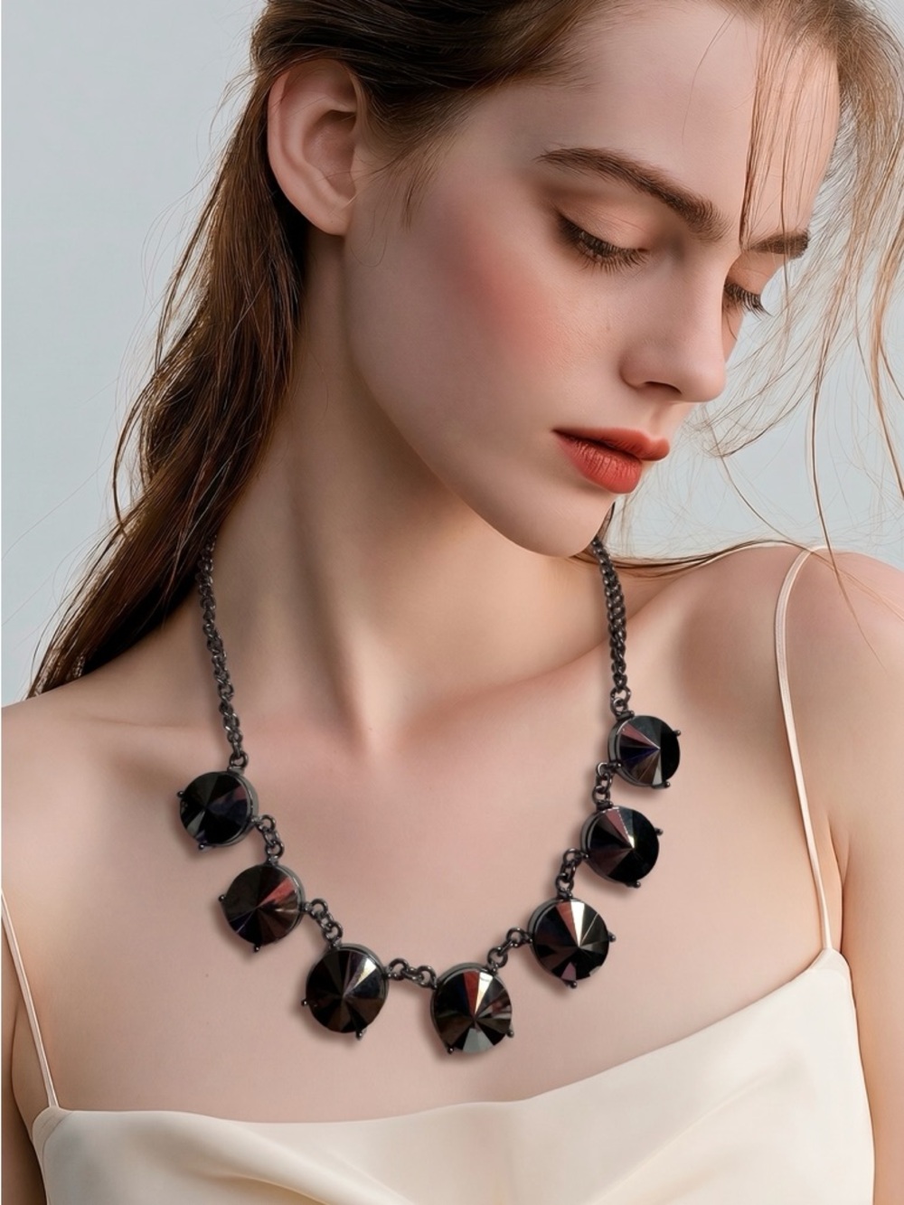 Gunmetal Faceted Disc Link Necklace - Women Jewelry